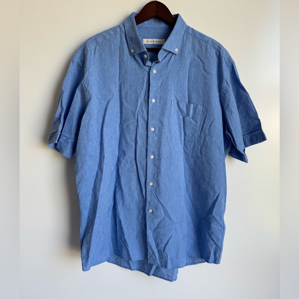 MILLER WESTBY Men's Duncan Short Sleeve Button-Down Shirt Blue XL‎ Cotton Linen